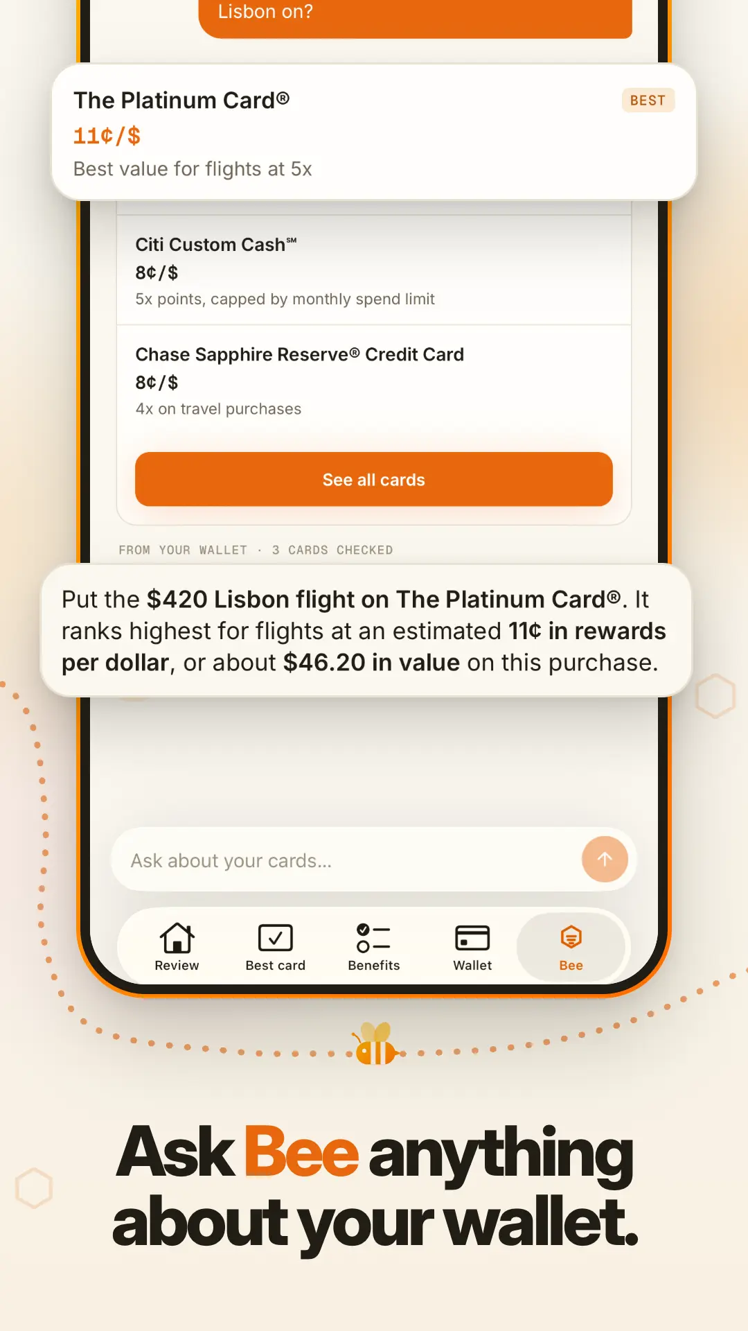 Ask Bee anything about your wallet.