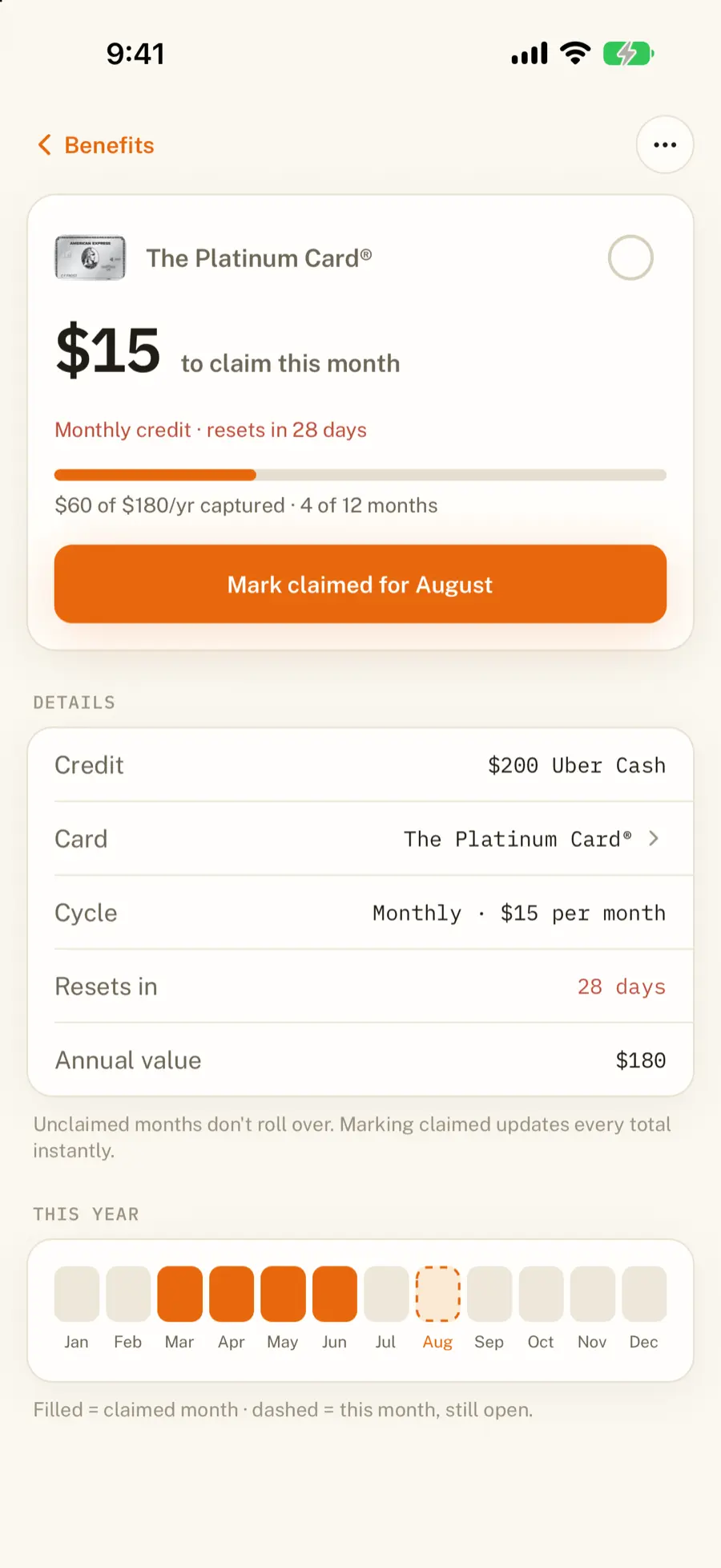 A $15 monthly Uber Cash credit on the Platinum Card, with its reset countdown and the months claimed this year