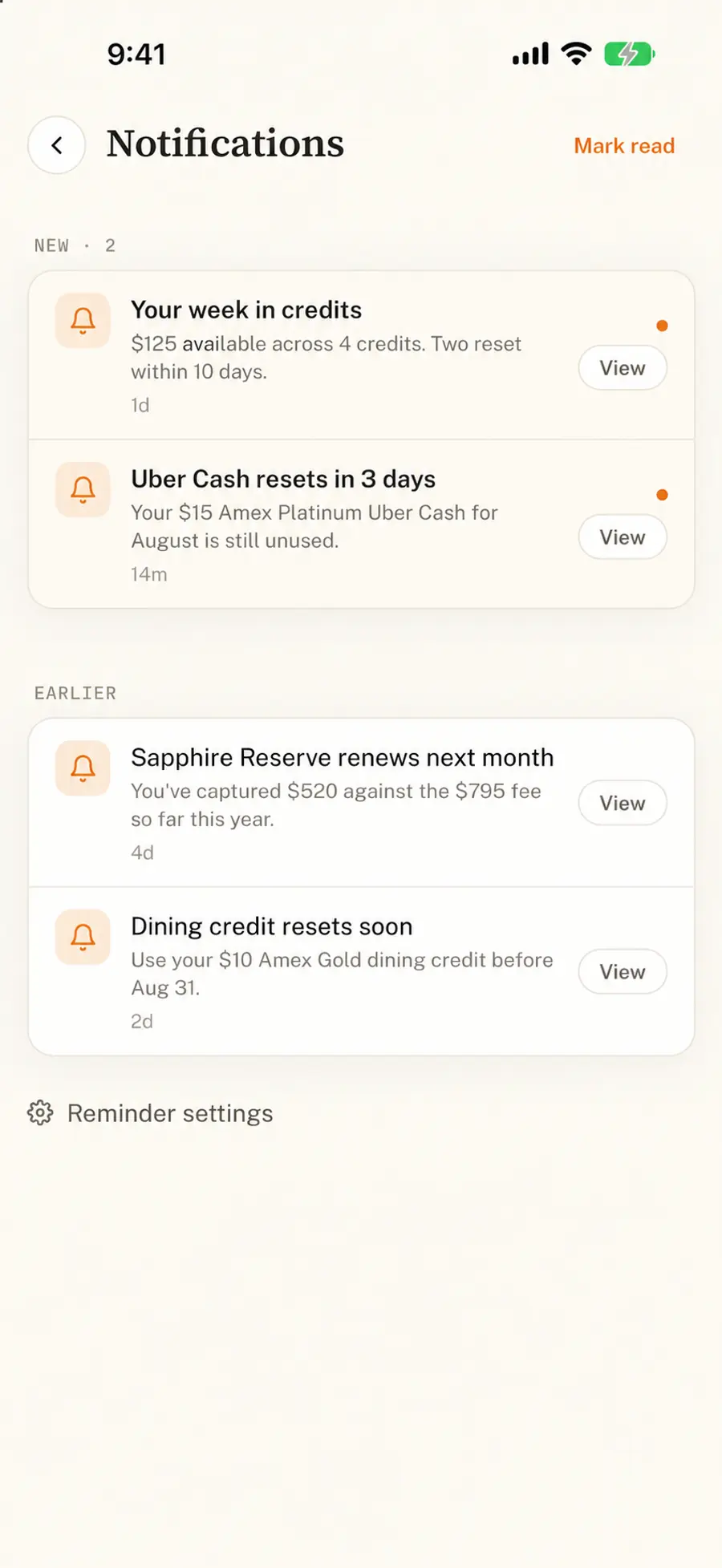 Notification feed with reset reminders and a weekly digest