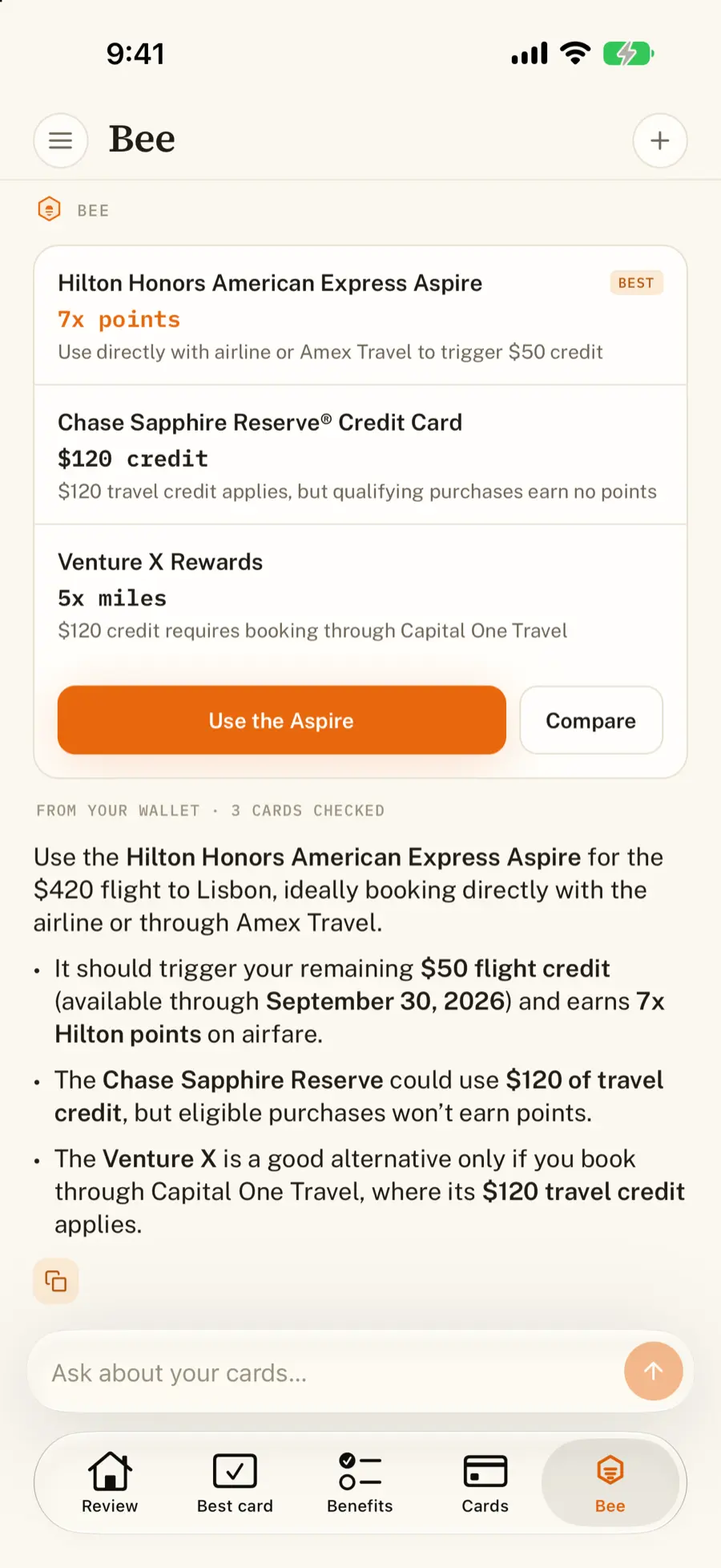 Bee answering which card to use for a flight, with a ranked card list