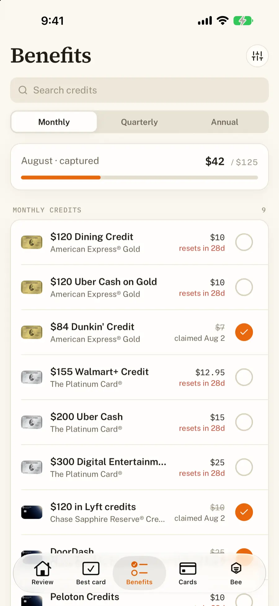 Benefits list grouped by cycle with claimed and unclaimed credits