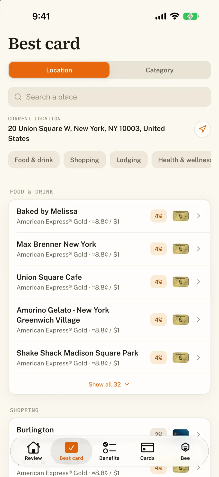 Best card by location: nearby restaurants with the winning card per row