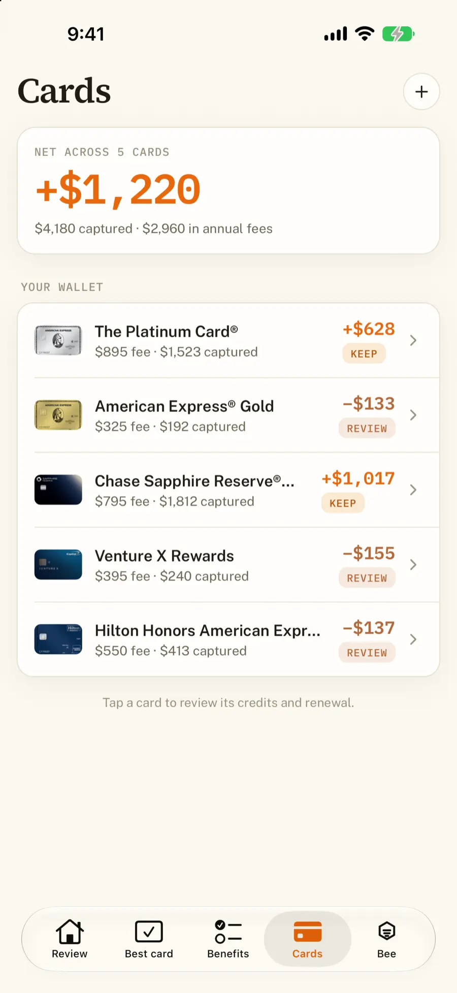 Wallet view showing annual fee versus captured value per card