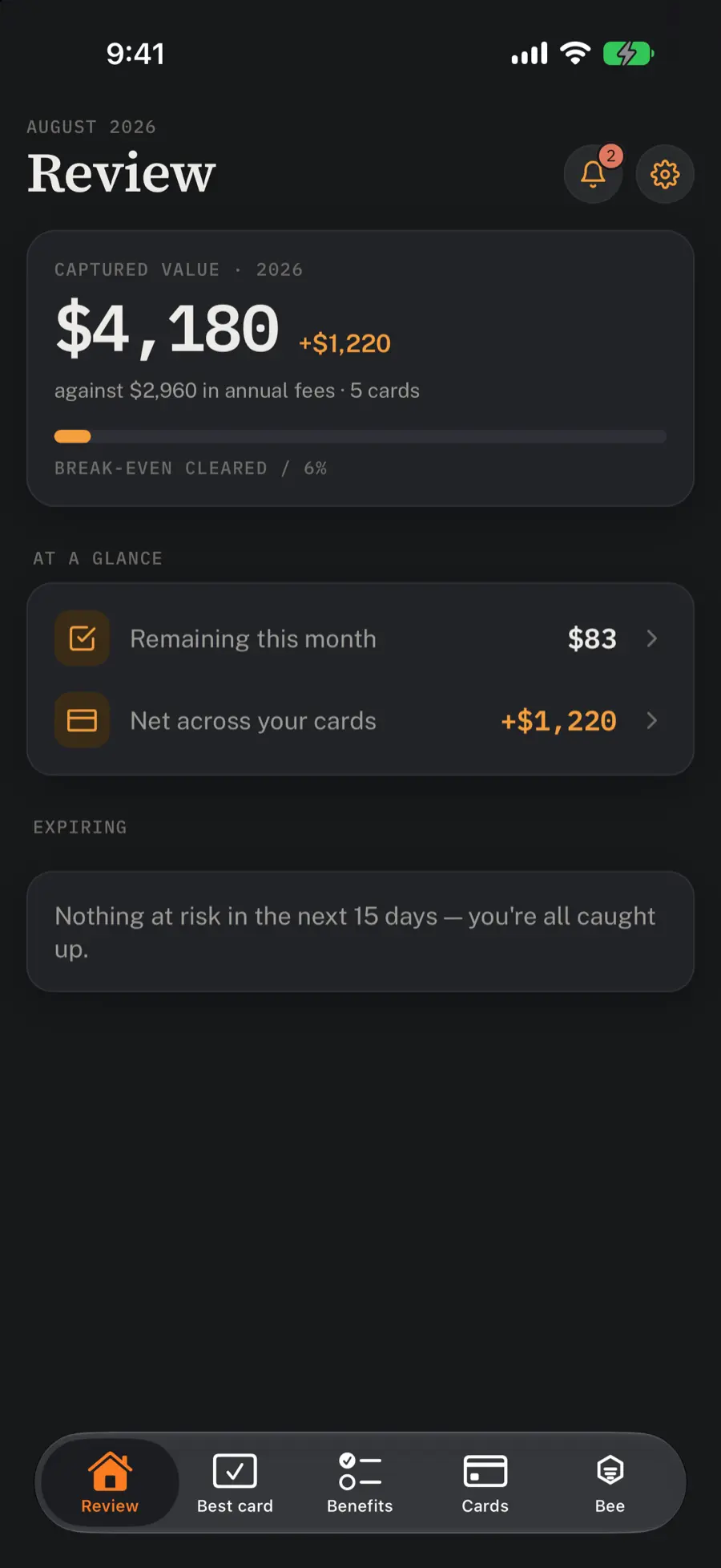 OfferBee home screen in the dark Onyx theme