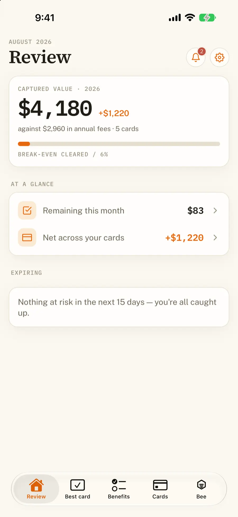 OfferBee home screen showing $4,180 captured value across 5 cards