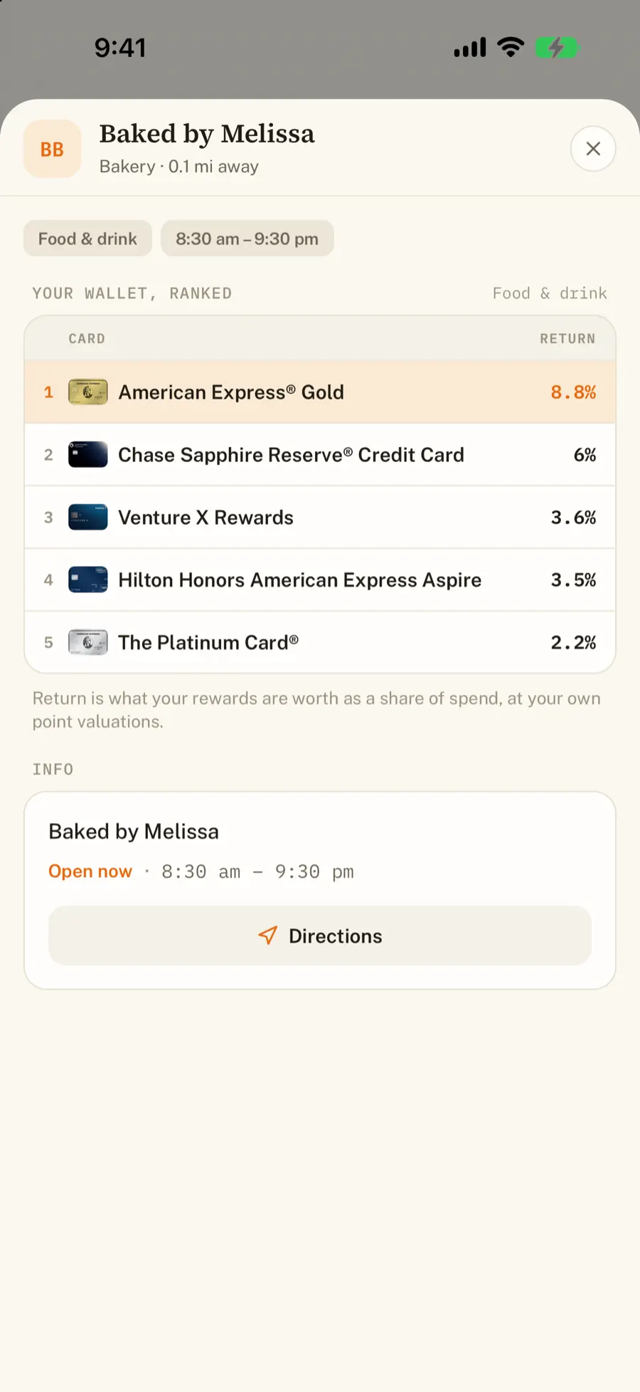 Merchant sheet ranking every wallet card for a nearby bakery, with hours and directions