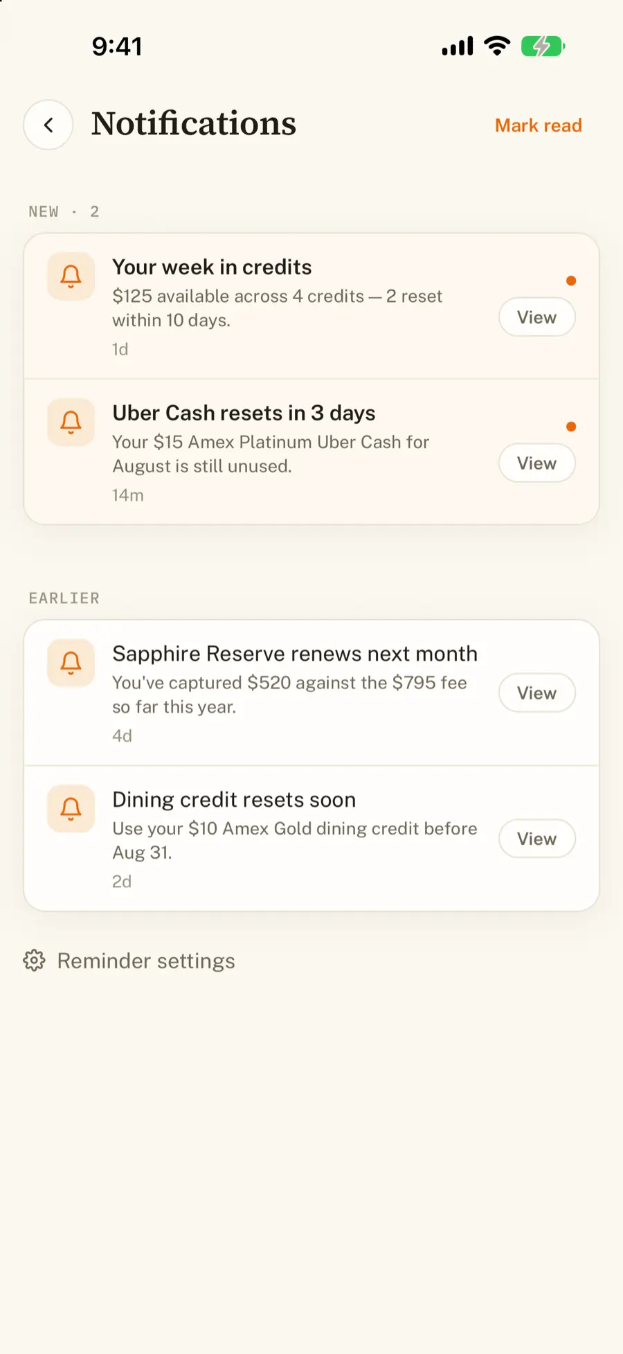 Notification feed with reset reminders and a weekly digest