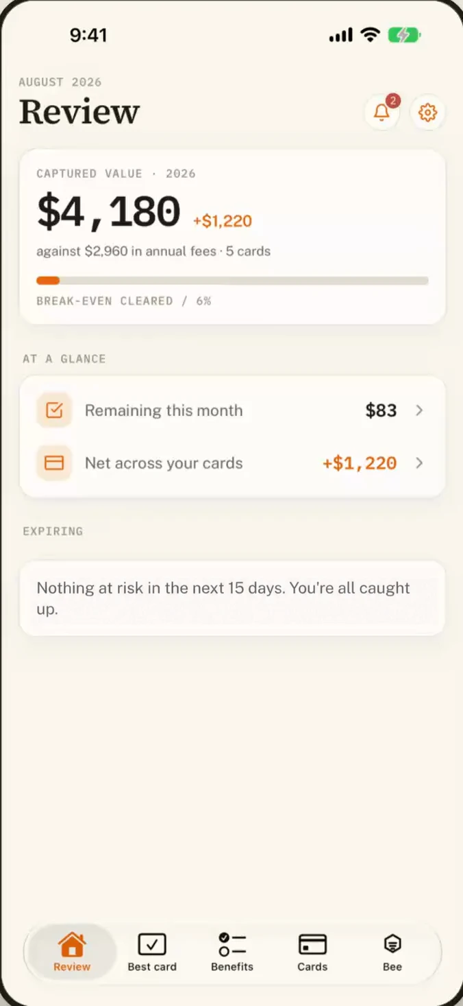 OfferBee app demo: the Review home, the Benefits credit list, Best card at a merchant, and asking Bee about your wallet
